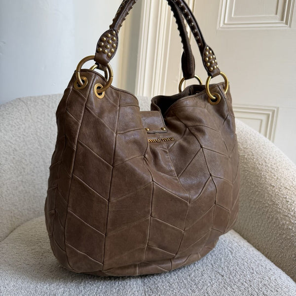 Miu Miu Studded Brown Leather Shoulder Bag
