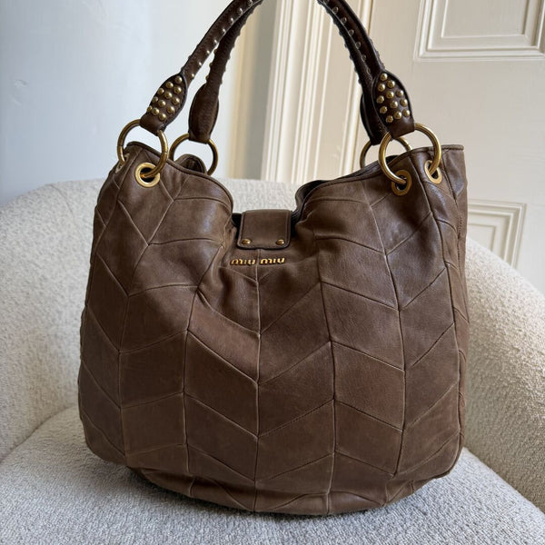 Miu Miu Studded Brown Leather Shoulder Bag