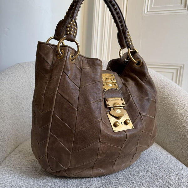 Miu Miu Studded Brown Leather Shoulder Bag