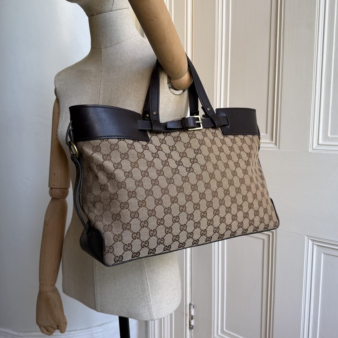 Gucci GG Canvas Belted Brown Tote Bag