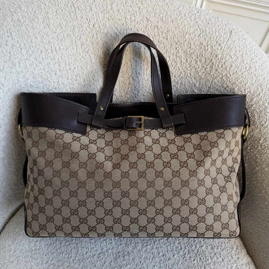 Gucci GG Canvas Belted Brown Tote Bag