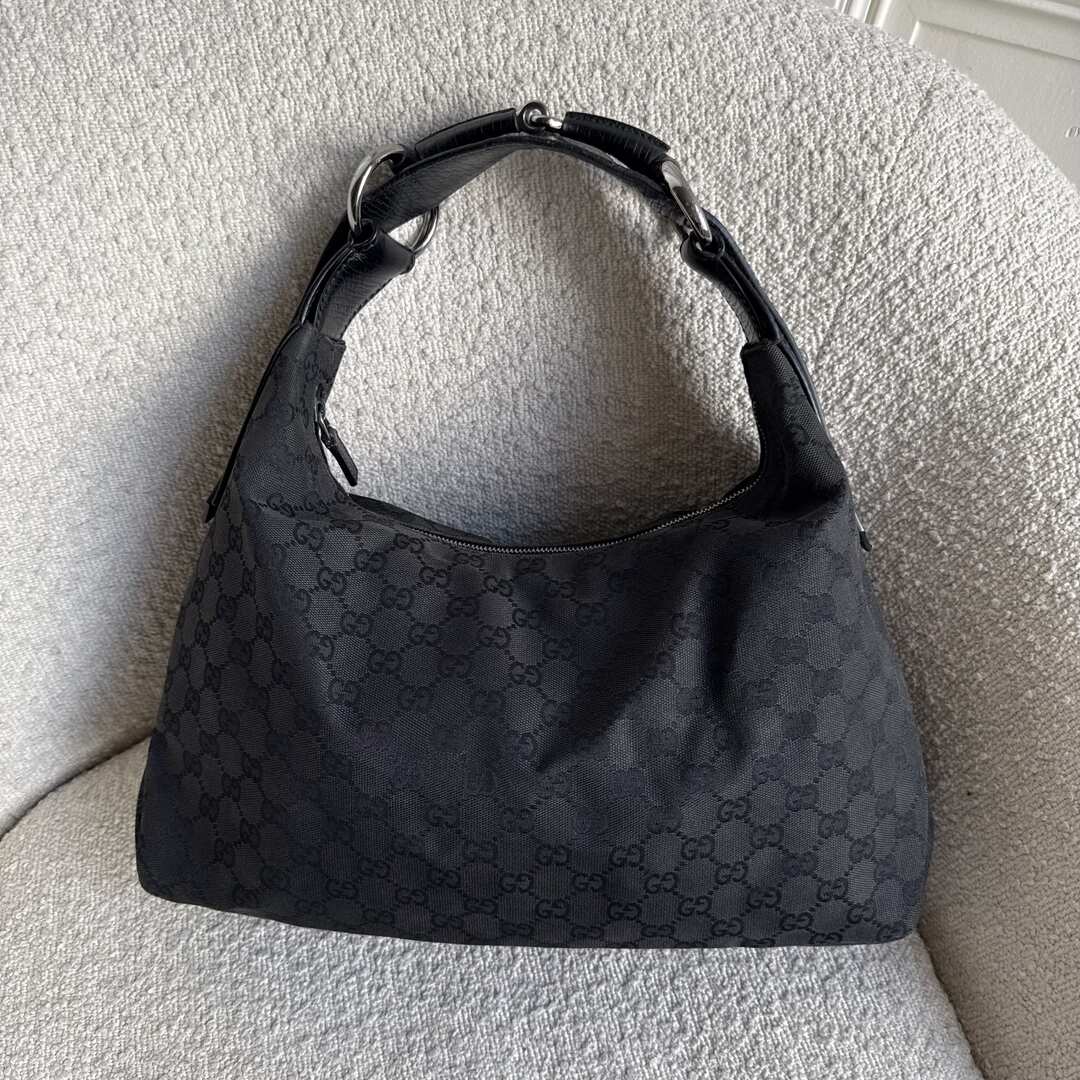Gucci GG Canvas Horsebit Hobo Black Shoulder Bag