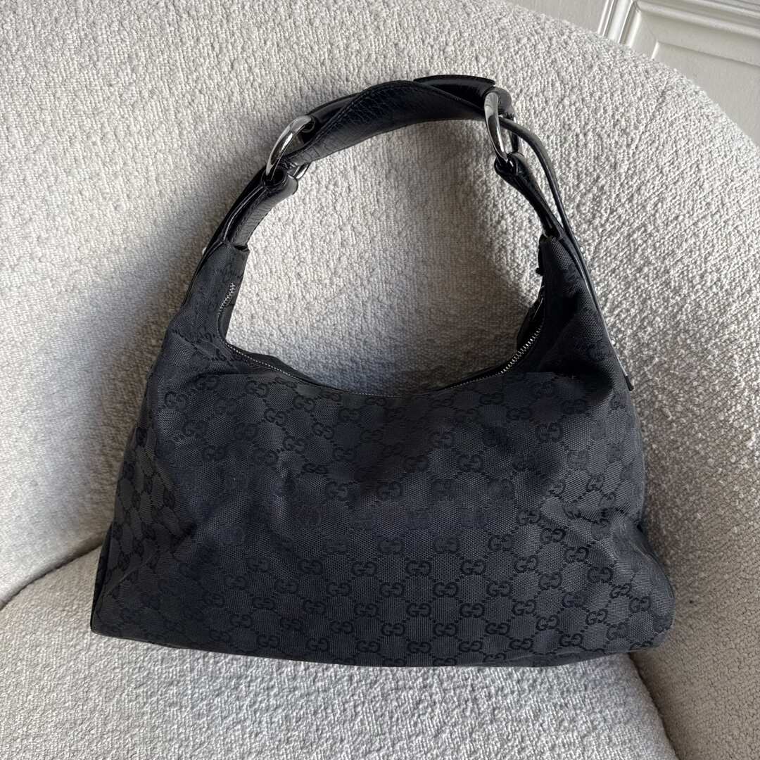 Gucci GG Canvas Horsebit Hobo Black Shoulder Bag