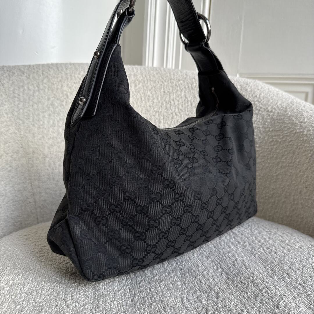 Gucci GG Canvas Horsebit Hobo Black Shoulder Bag