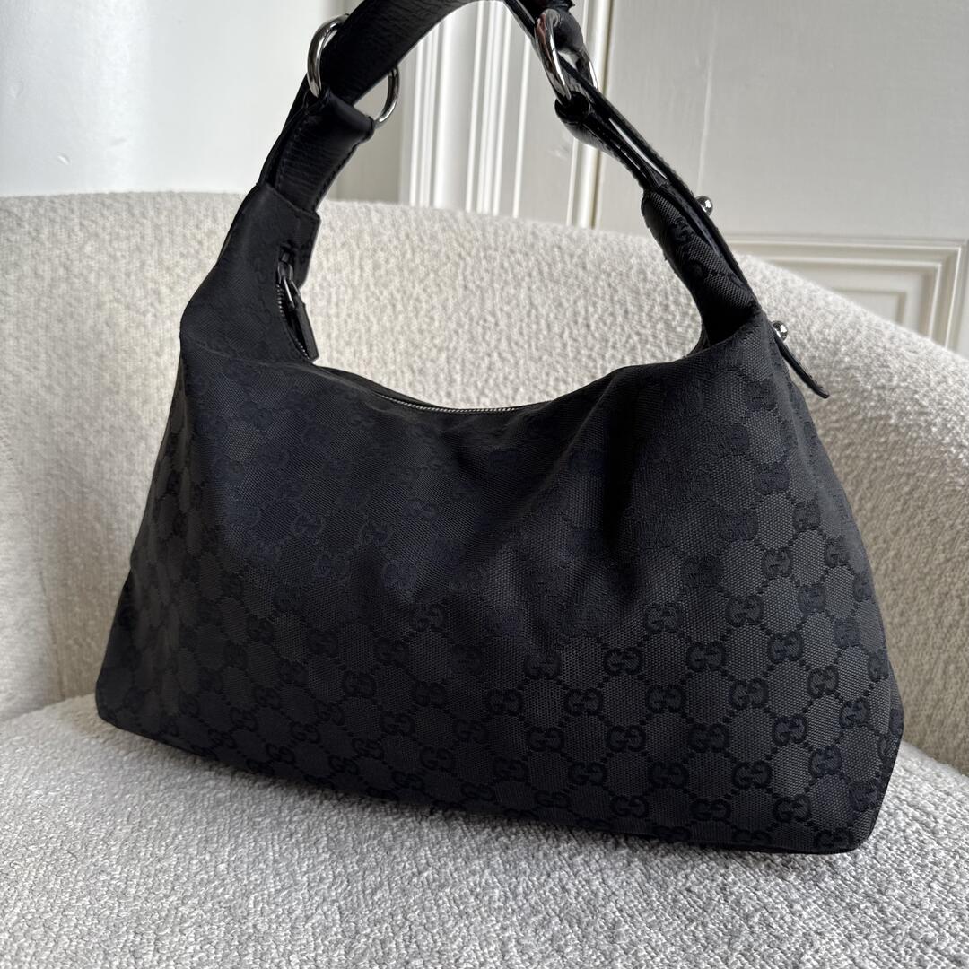 Gucci GG Canvas Horsebit Hobo Black Shoulder Bag