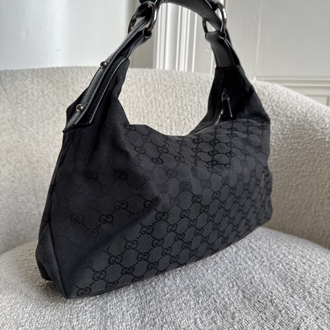 Gucci GG Canvas Horsebit Hobo Black Shoulder Bag
