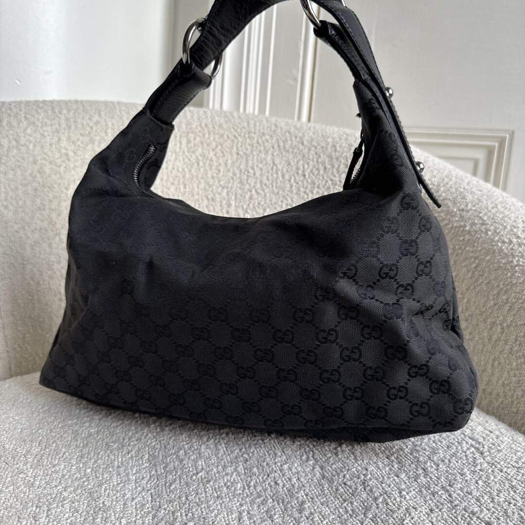 Gucci GG Canvas Horsebit Hobo Black Shoulder Bag