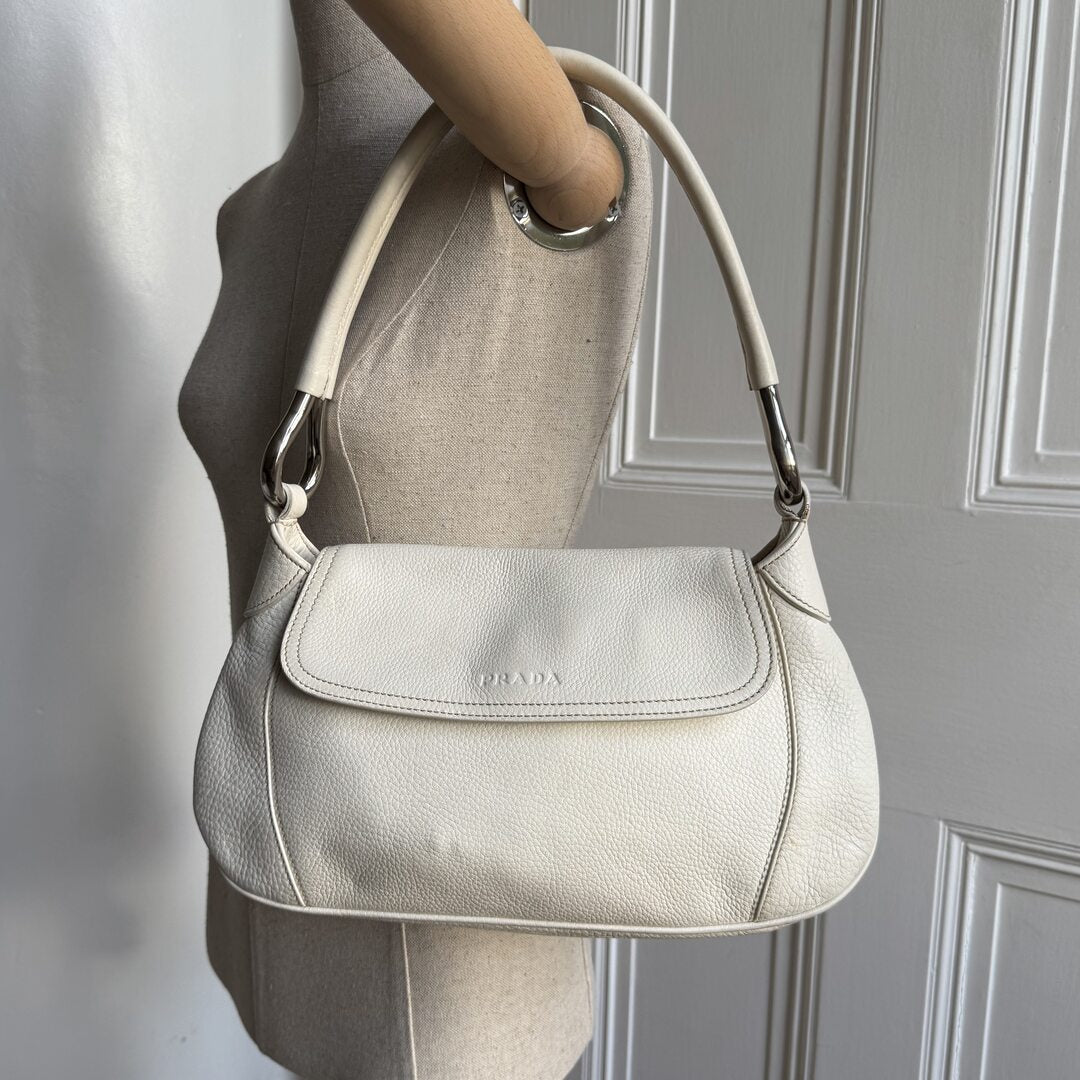 2003 Prada Hobo VItello Daino Leather White Shoulder Bag