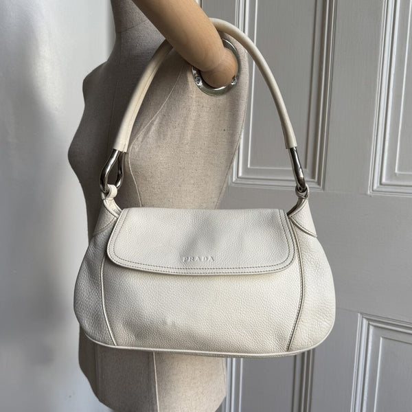 2003 Prada Hobo VItello Daino Leather White Shoulder Bag