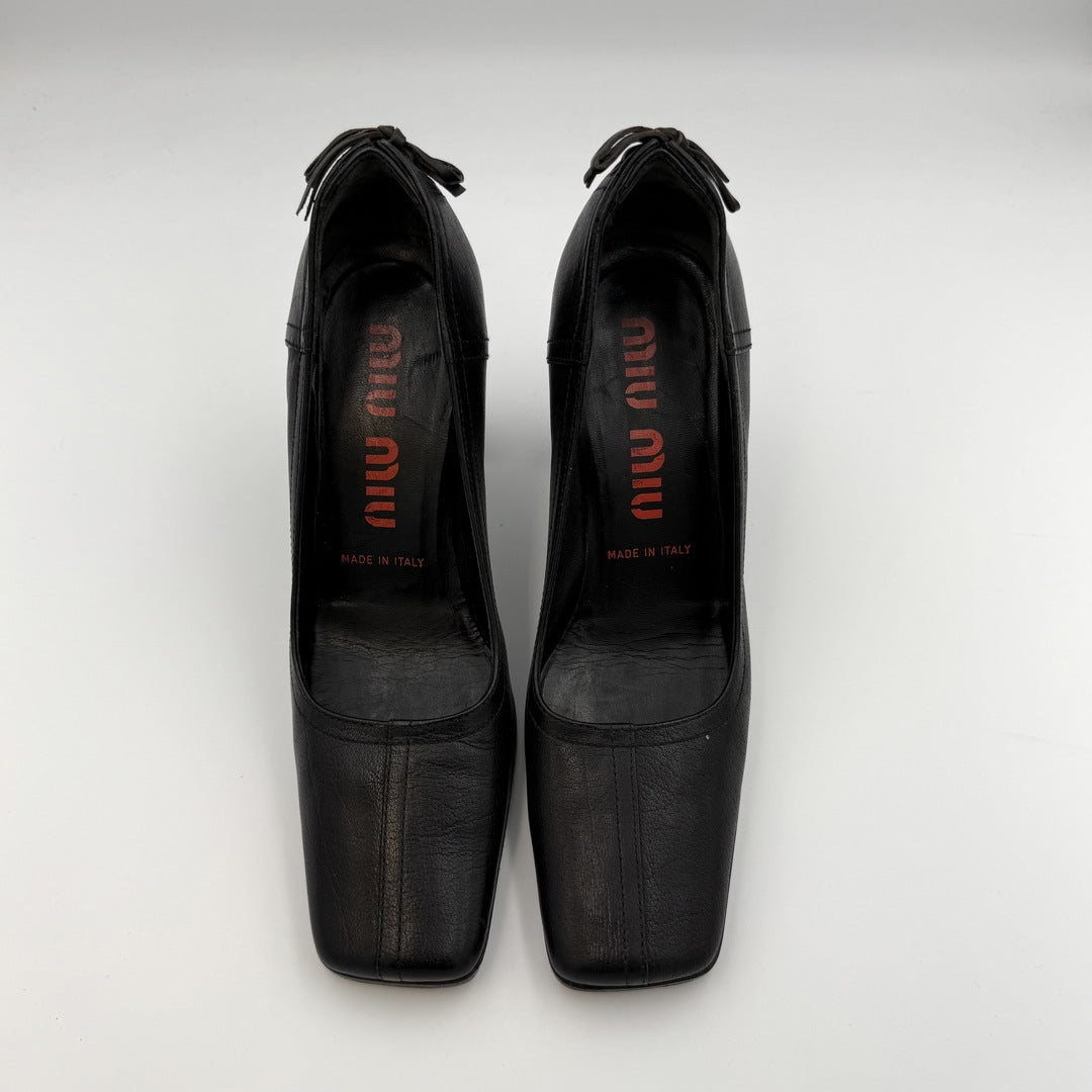 Miu Miu Lace Back Black Leather Block Heels