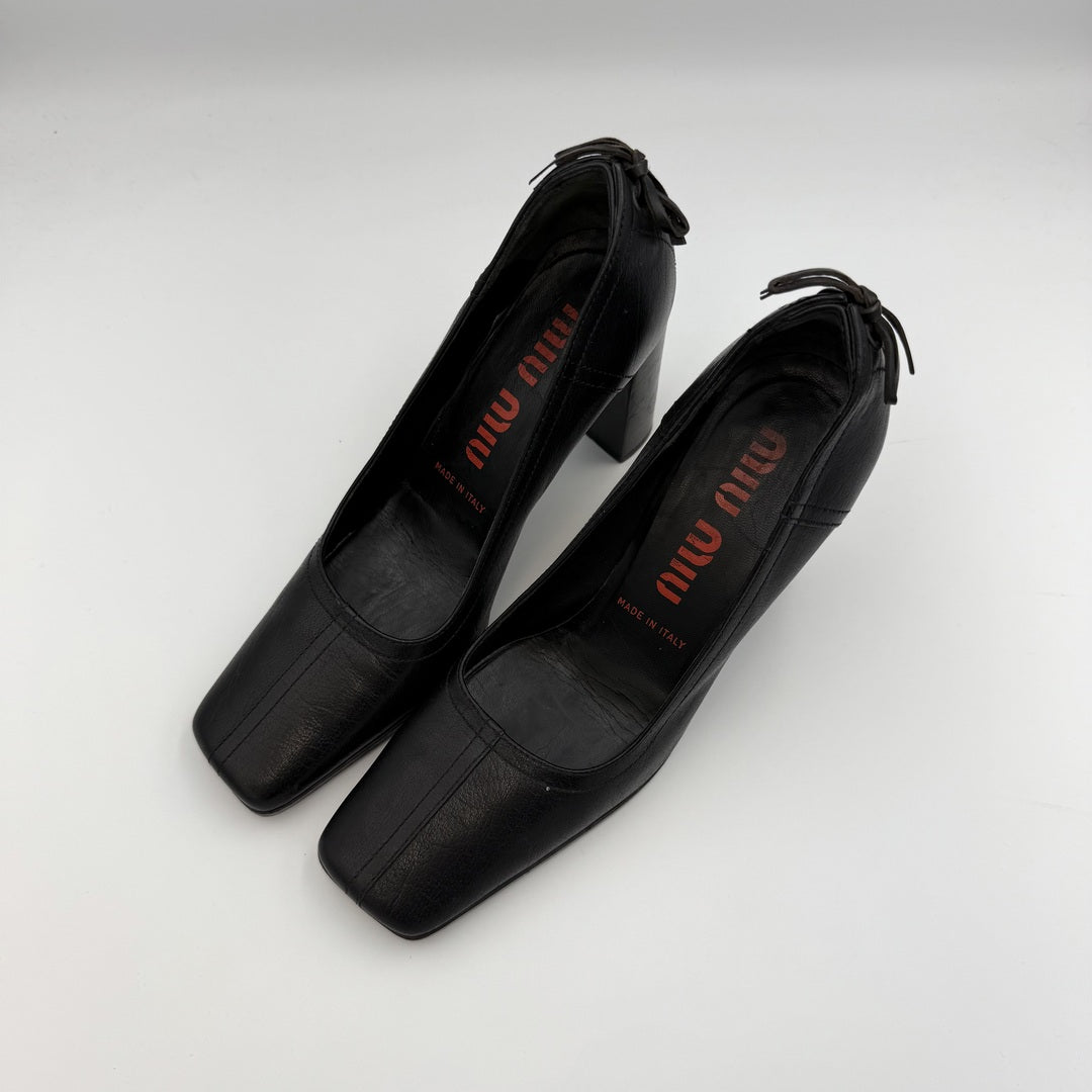 Miu Miu Lace Back Black Leather Block Heels