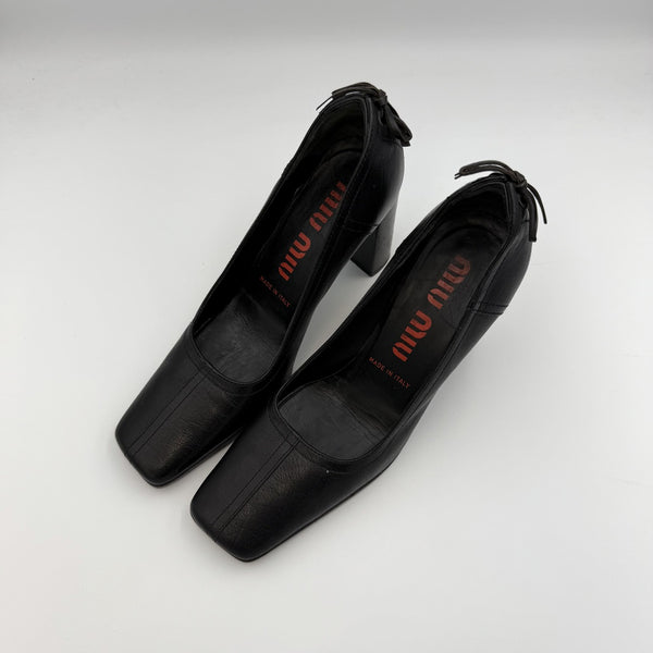Miu Miu Lace Back Black Leather Block Heels