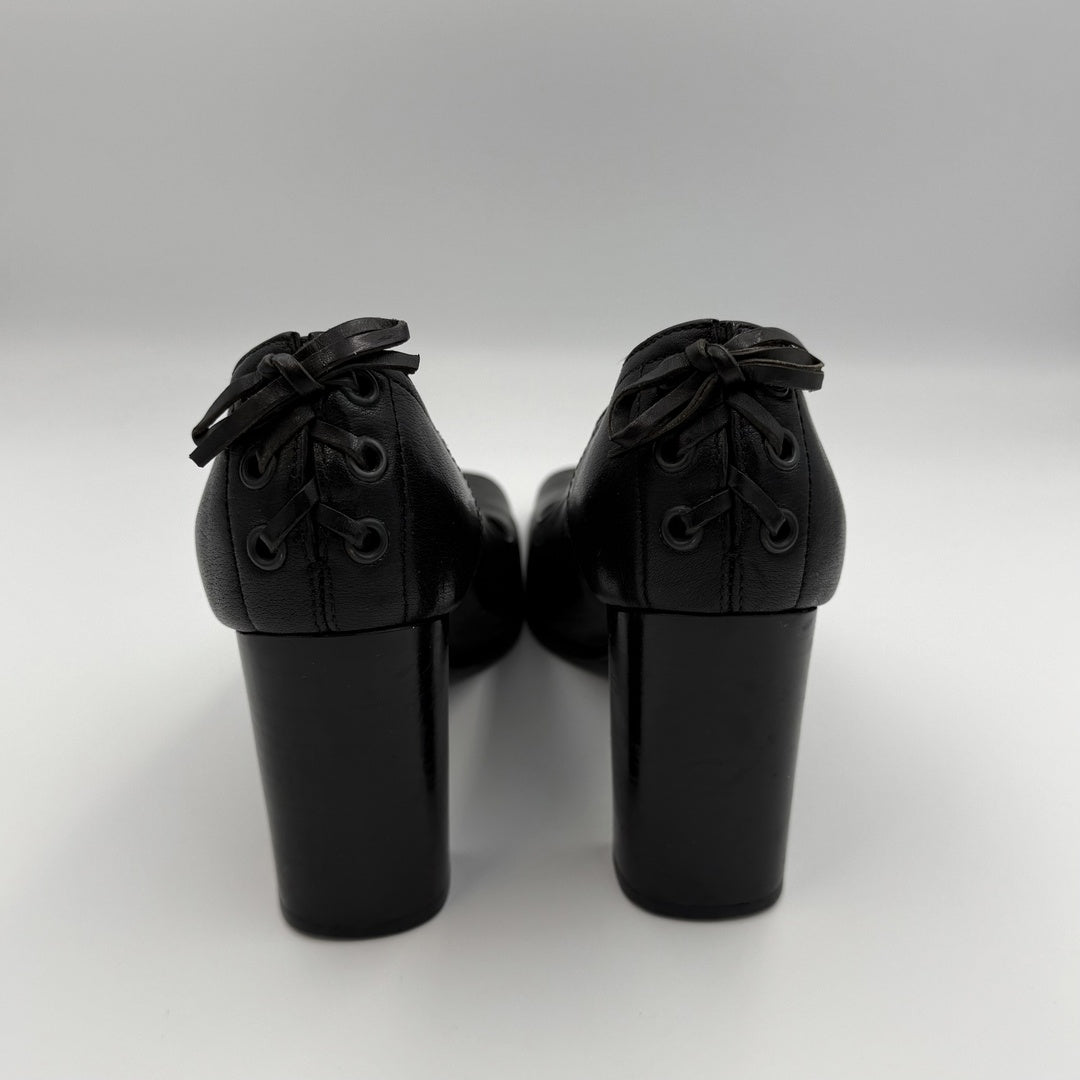 Miu Miu Lace Back Black Leather Block Heels