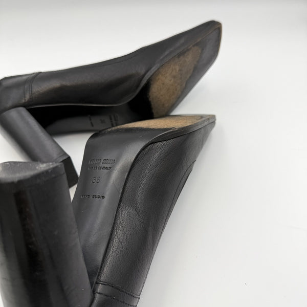 Miu Miu Lace Back Black Leather Block Heels