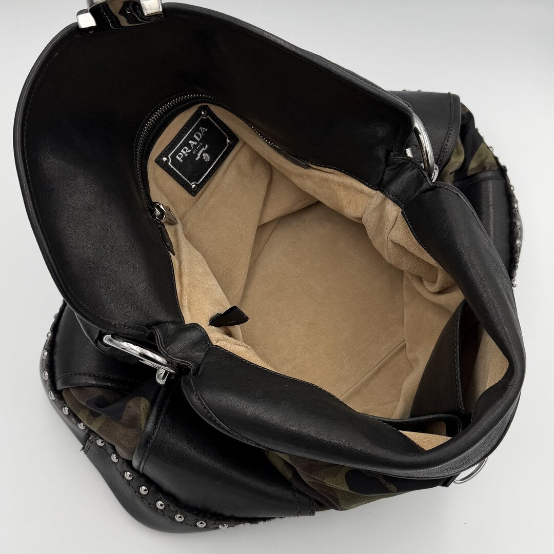 Prada Tessuto Nylon Camouflage Studded Dome Shoulder Bag
