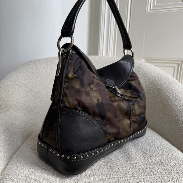 Prada Tessuto Nylon Camouflage Studded Dome Shoulder Bag
