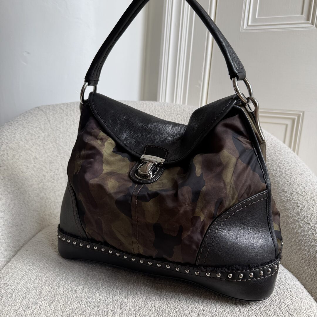 Prada Tessuto Nylon Camouflage Studded Dome Shoulder Bag