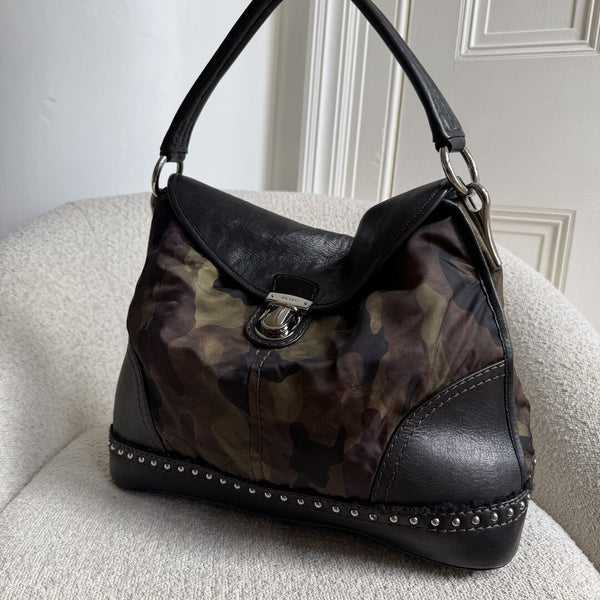Prada Tessuto Nylon Camouflage Studded Dome Shoulder Bag