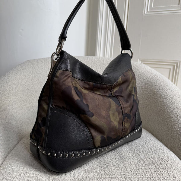 Prada Tessuto Nylon Camouflage Studded Dome Shoulder Bag