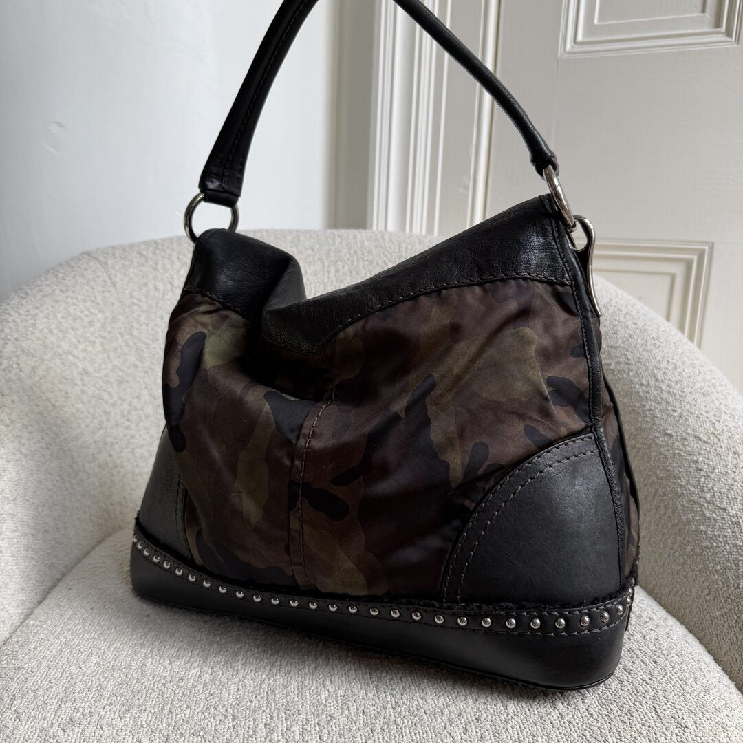 Prada Tessuto Nylon Camouflage Studded Dome Shoulder Bag