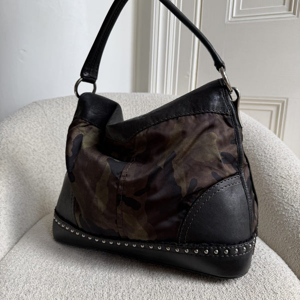 Prada Tessuto Nylon Camouflage Studded Dome Shoulder Bag