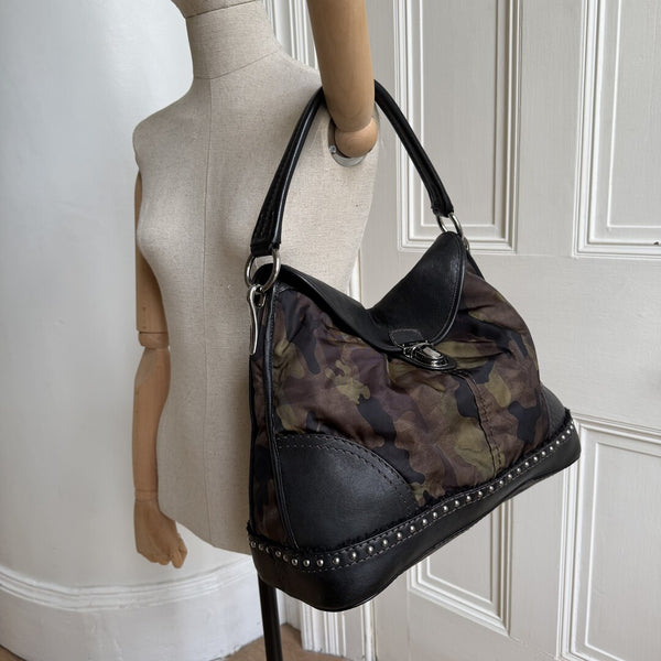 Prada Tessuto Nylon Camouflage Studded Dome Shoulder Bag
