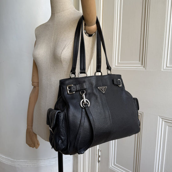 Prada Vitello Daino Leather Black Tote Bag