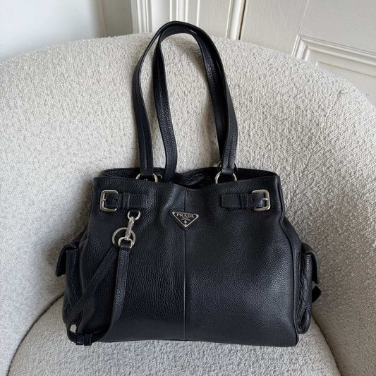 Prada Vitello Daino Leather Black Tote Bag