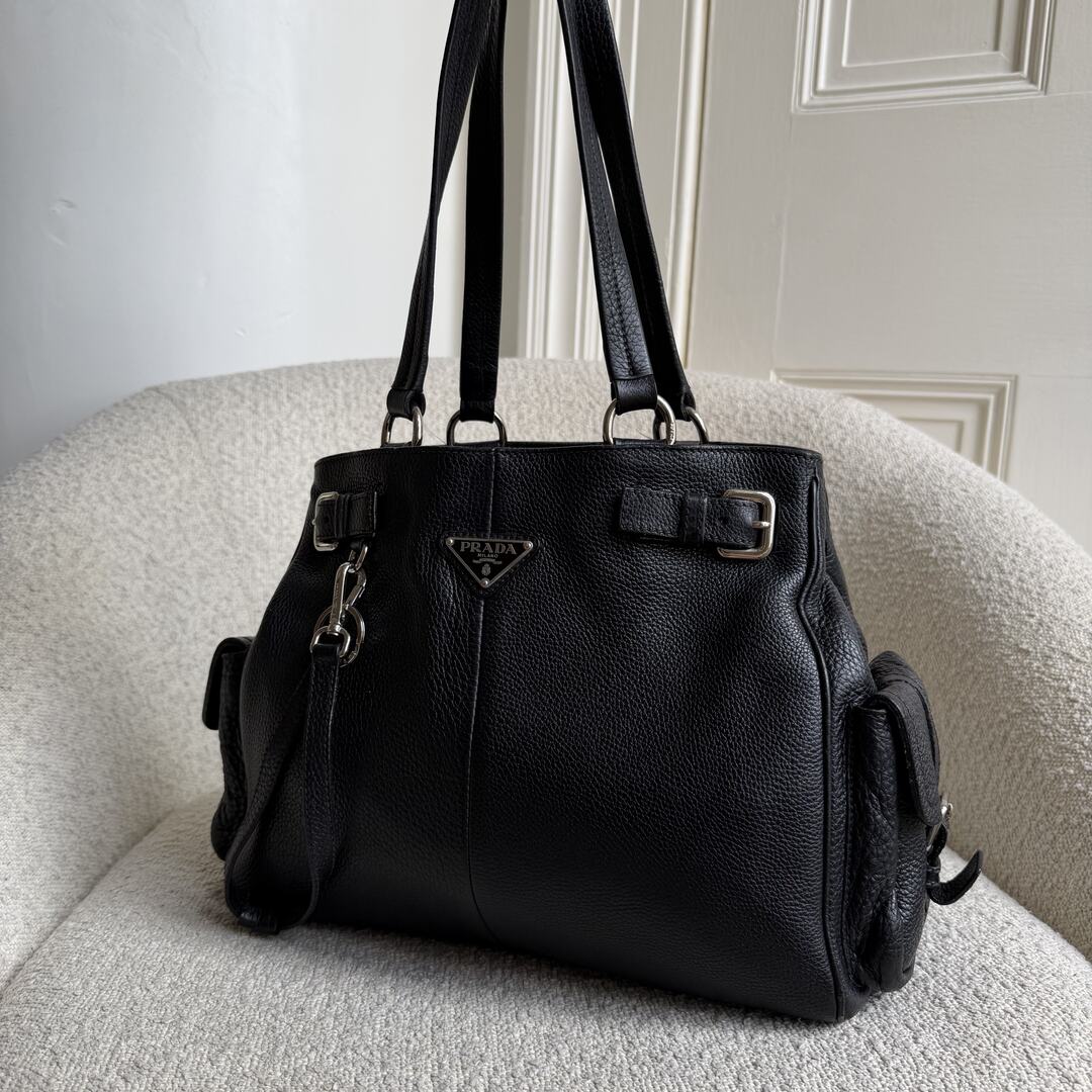 Prada Vitello Daino Leather Black Tote Bag