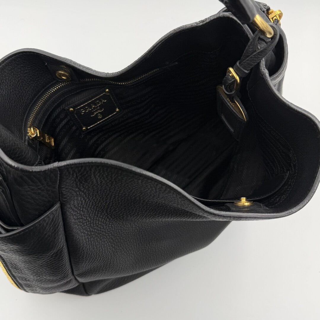 Prada Vitello Daino Hobo Leather Black Tote Bag