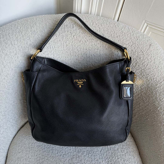 Prada Vitello Daino Hobo Leather Black Tote Bag