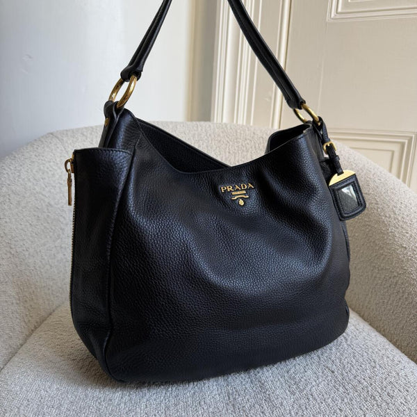 Prada Vitello Daino Hobo Leather Black Tote Bag