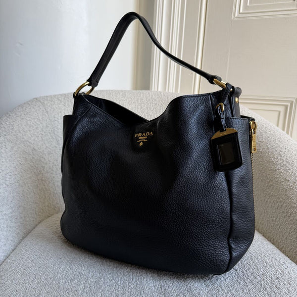 Prada Vitello Daino Hobo Leather Black Tote Bag