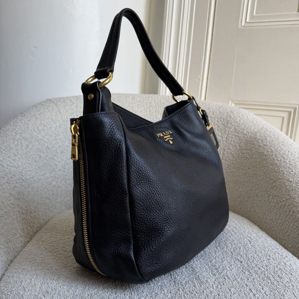 Prada Vitello Daino Hobo Leather Black Tote Bag