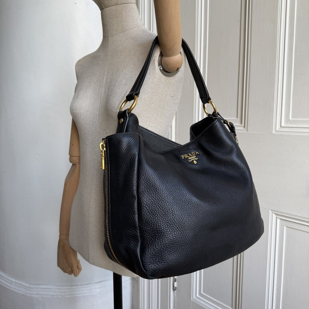Prada Vitello Daino Hobo Leather Black Tote Bag