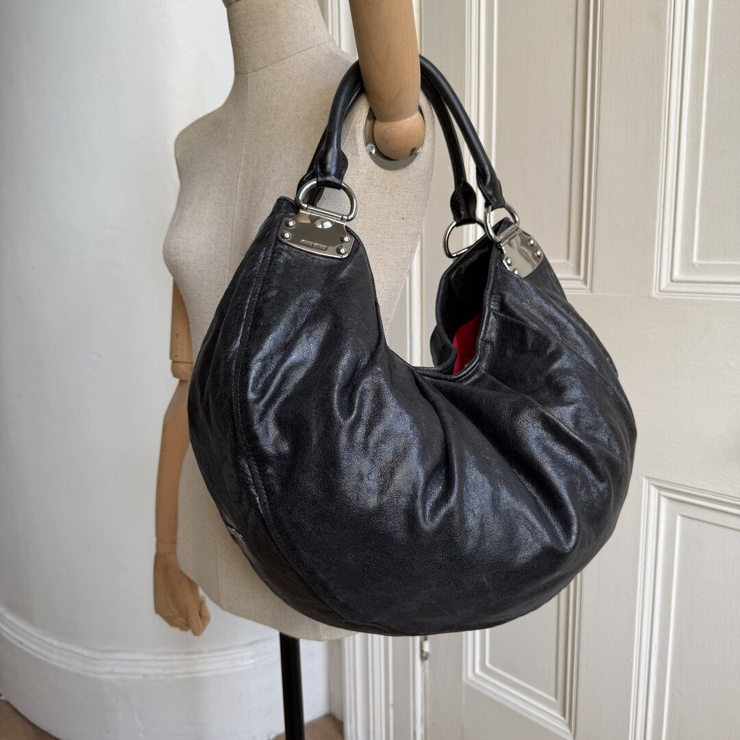 Miu Miu Black Leather Hobo Shoulder Bag