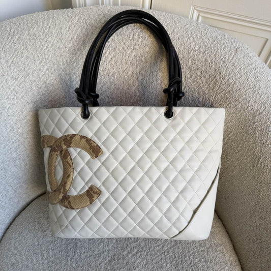 2005 Chanel Cambon Quilted Python White Tote Bag