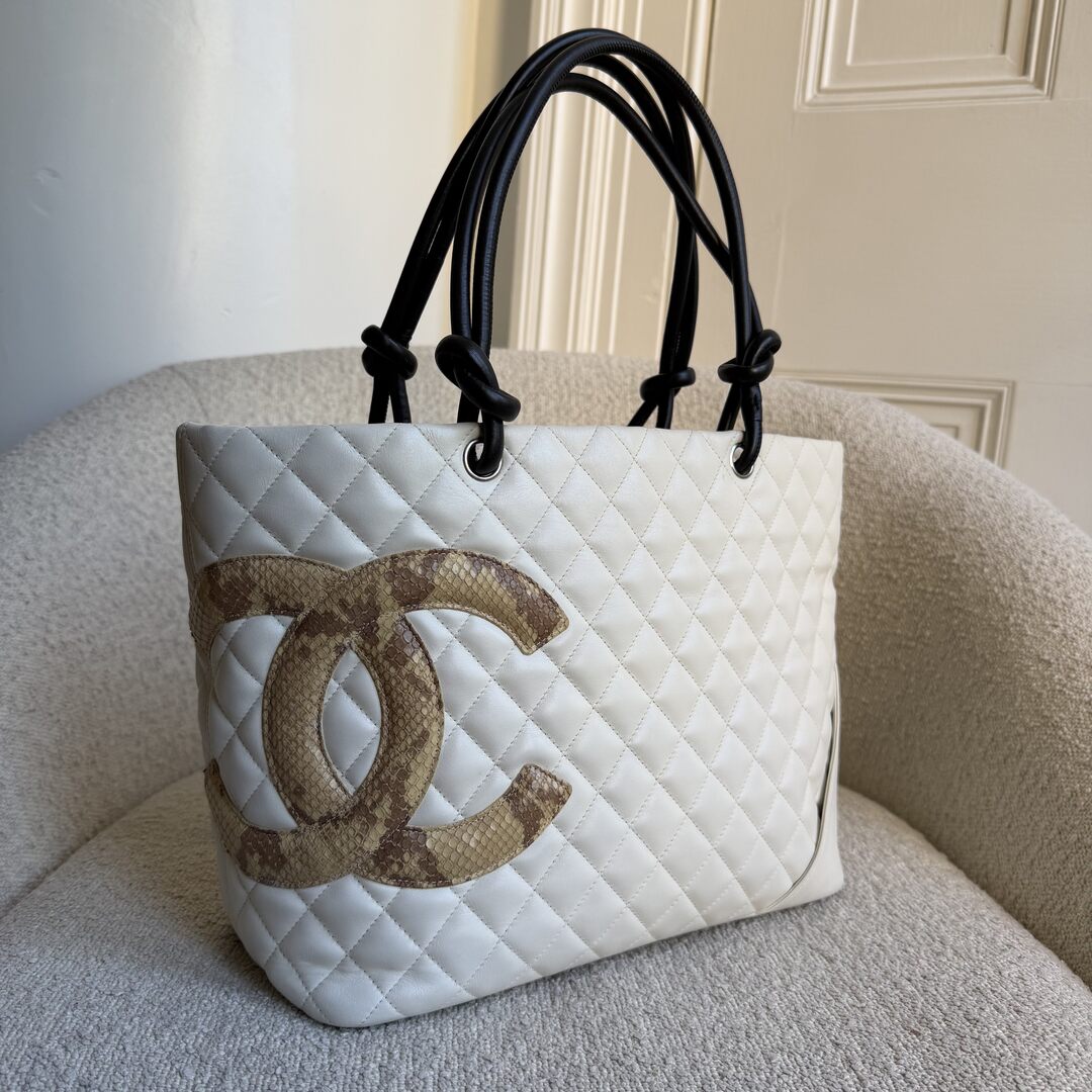 2005 Chanel Cambon Quilted Python White Tote Bag