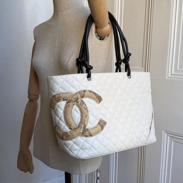 2005 Chanel Cambon Quilted Python White Tote Bag