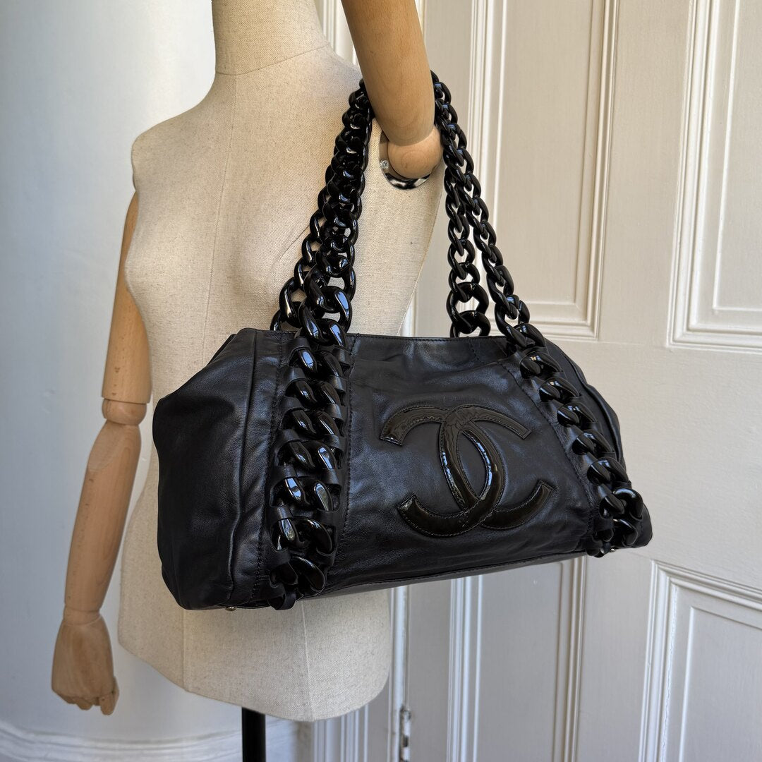 2008 Chanel Modern Chain East West Black Leather Tote Bag