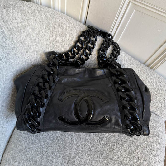 2008 Chanel Modern Chain East West Black Leather Tote Bag