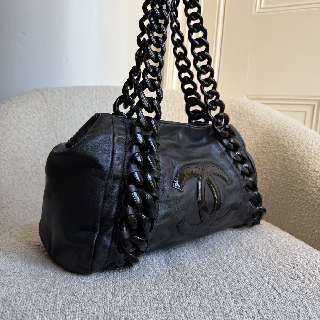 2008 Chanel Modern Chain East West Black Leather Tote Bag