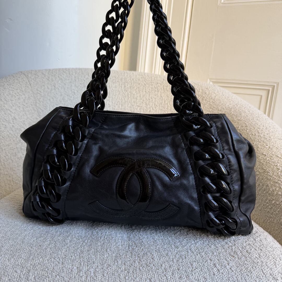 2008 Chanel Modern Chain East West Black Leather Tote Bag