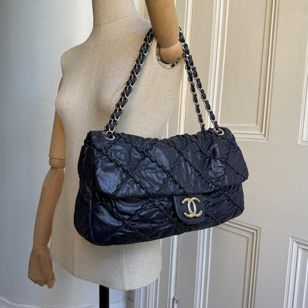 2011 Chanel CC Ultra Stitch Maxi Chain Blue Flap Shoulder Bag