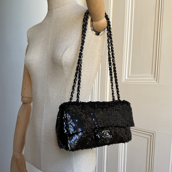 2013 Chanel CC Sequins Black Classic Flap Shoulder Bag