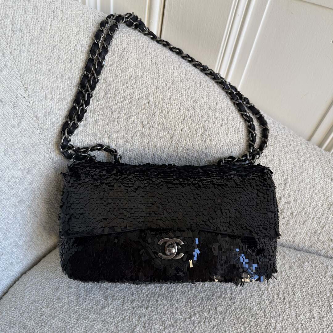 2013 Chanel CC Sequins Black Classic Flap Shoulder Bag