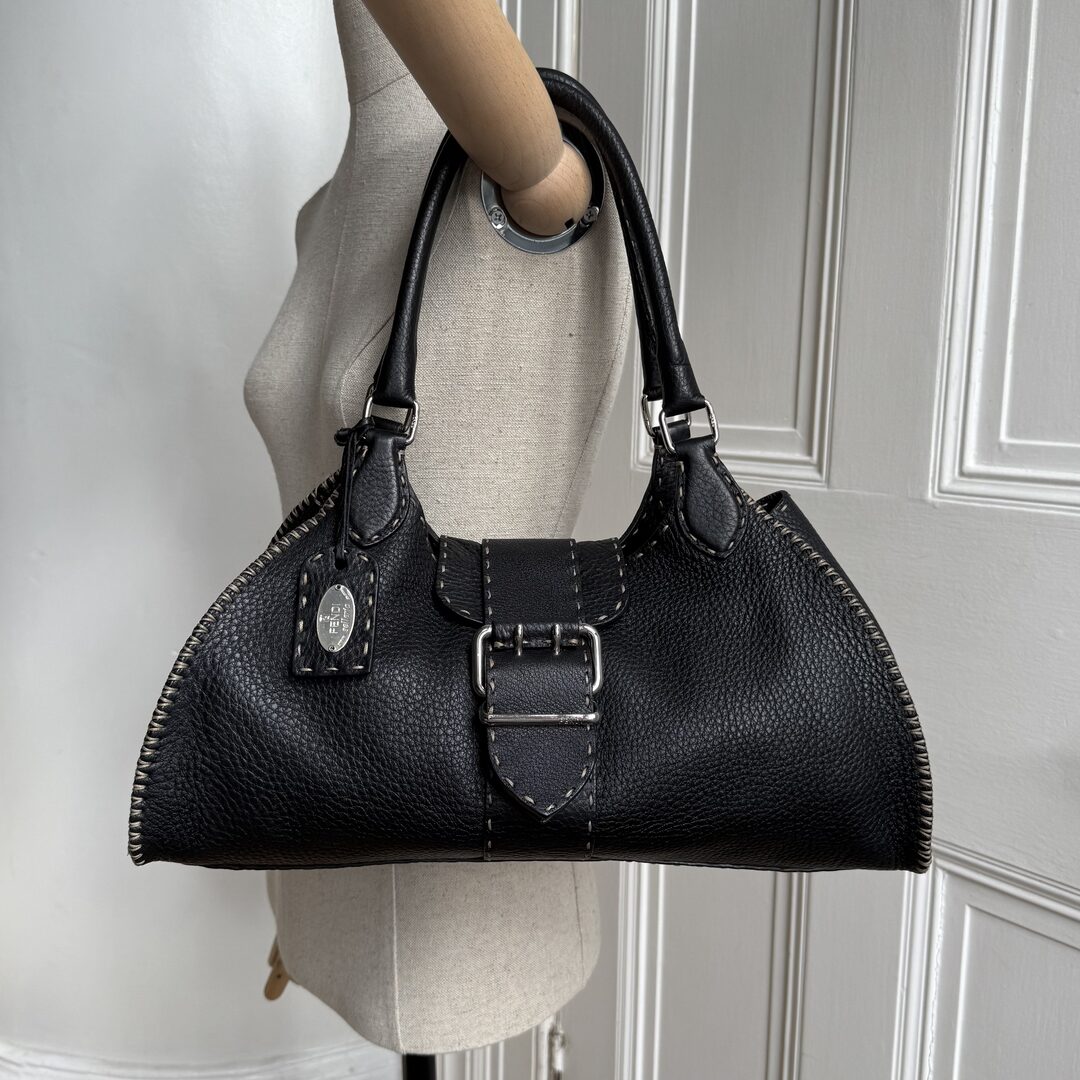 Fendi Selleria Buckle Leather Black Shoulder Bag