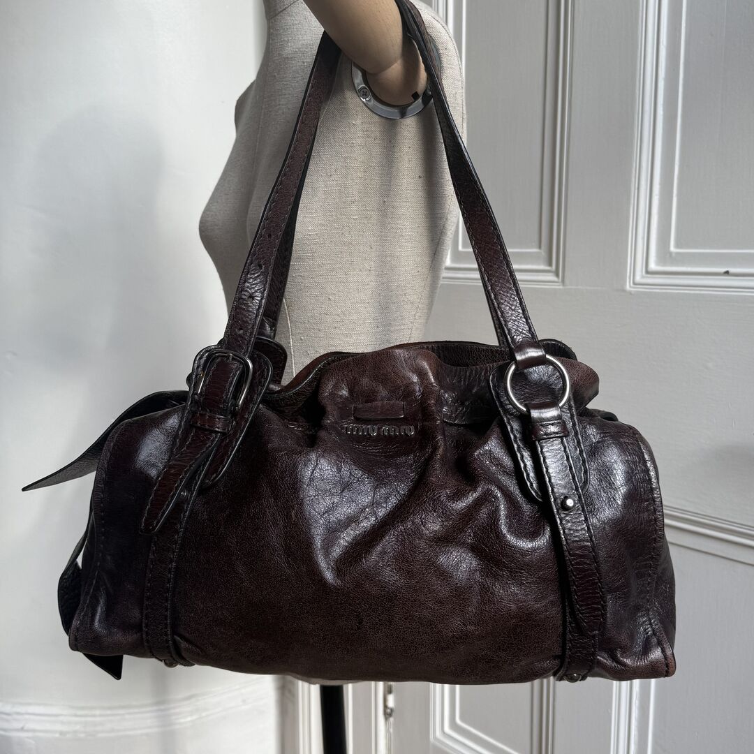 Rare Miu Miu Vitello Leather Chocolate Brown Tote Bag