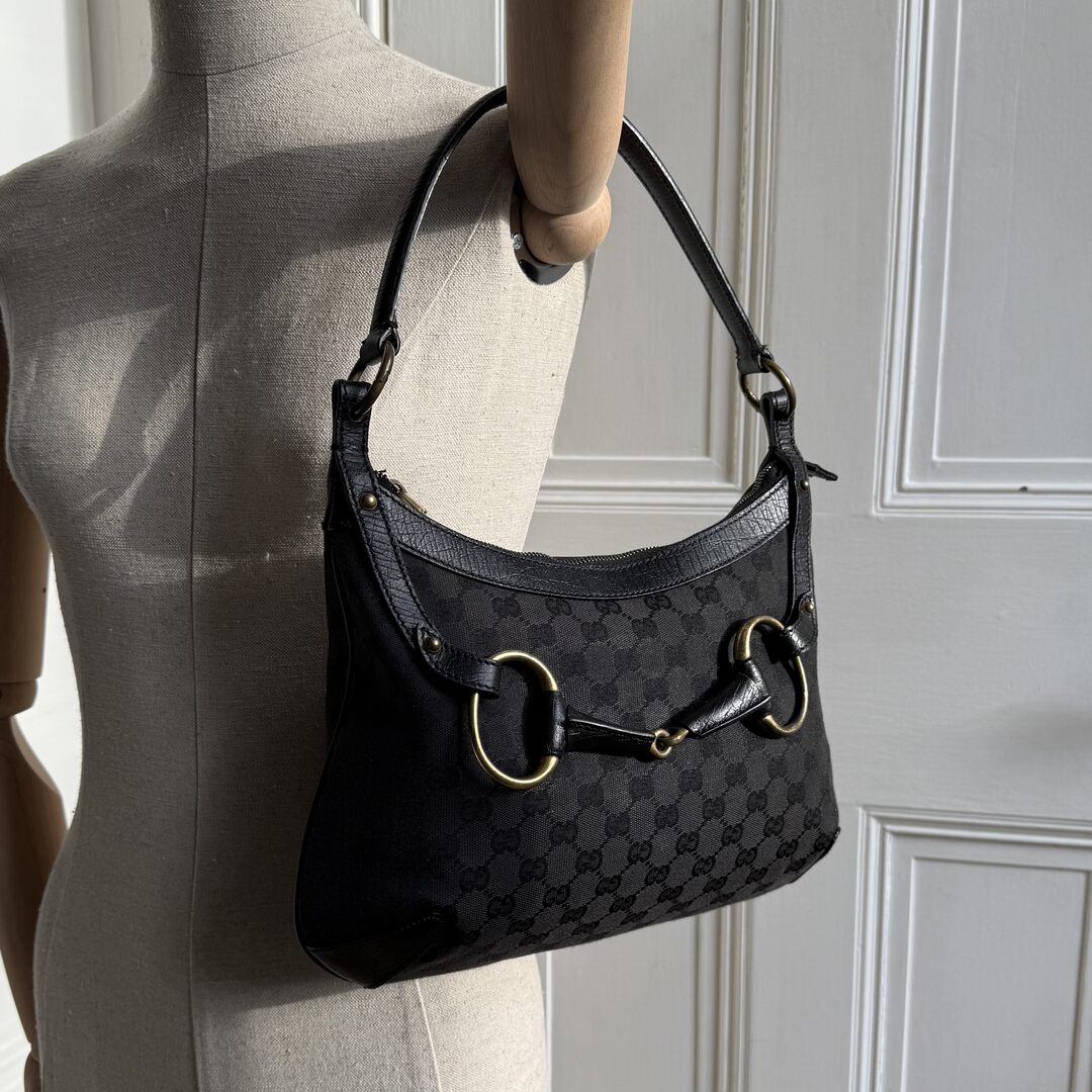 Gucci GG Canvas Horsebit Black Shoulder Bag