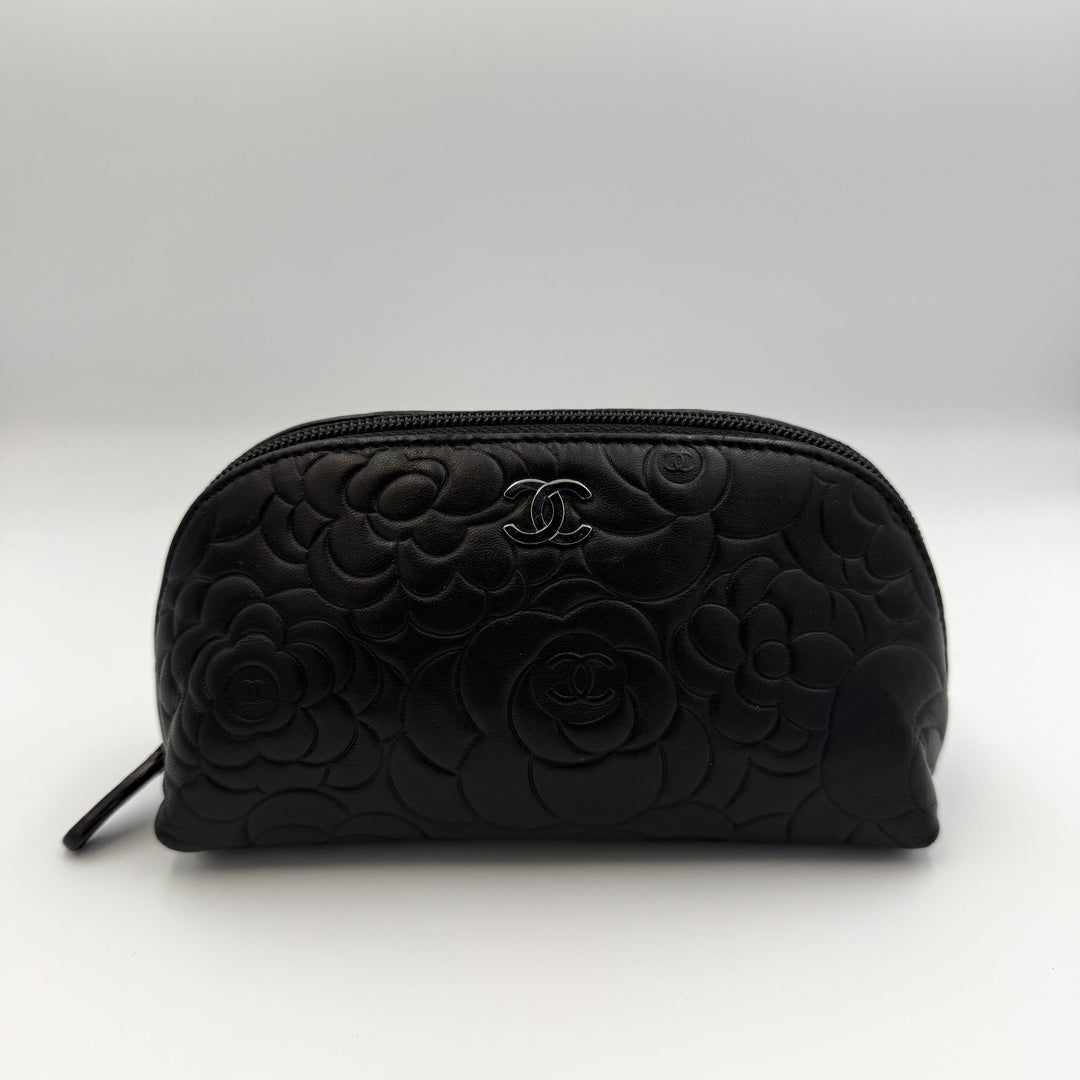 2012 Chanel Camellia Black Leather Cosmetic Pouch